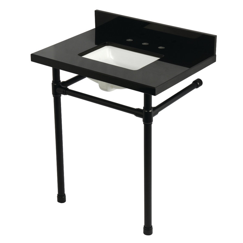 Kingston Brass Dreyfuss 30-Inch Black Granite Console Sink with Stainless Steel Legs (8-Inch, 3-Hole), Matte Black