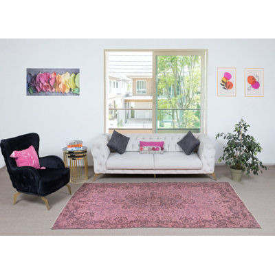 Tapis rose en laine noué à la main 5,3 x 9,2 pi en rose. Cadeau