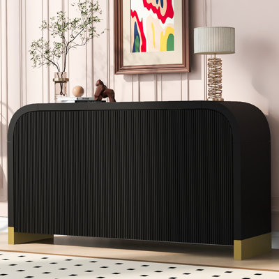 Modern Sideboard With Adjustable Storage Shelves, 4-door Curved Corner Design Wavy Door Panel Cabinet by Mercer41