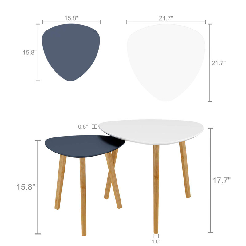 2 Piece Bamboo Nesting Triangle Coffee Table, Grey/White