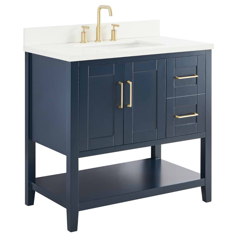 Sheraton 36" Freestanding Standard Single Bathroom Vanity with Top, Navy, Gold Zinc Alloy