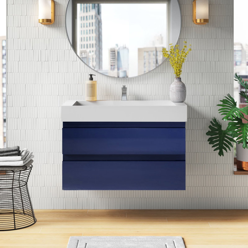 Babajide 35.5'' Single Bathroom Vanity with Acrylic Top, High Gloss Night Blue