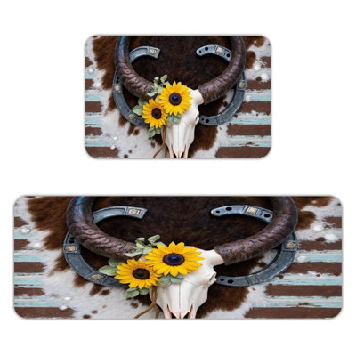 Crâne de vache et tournesol, ensemble de 2 tapis de cuisine