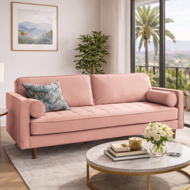 Canapé en velours à accoudoirs carrés 70 po Alden, Rose