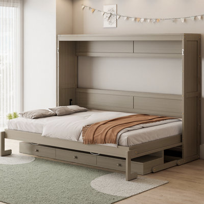 Grand lit escamotable avec bureau de meuble-lavabo et rangement, lit escamotable mural avec miroir central, 2 tiroirs et système de levage hydraulique, armoire-lit peu encombrante pour appartements, capacité de 800 lb