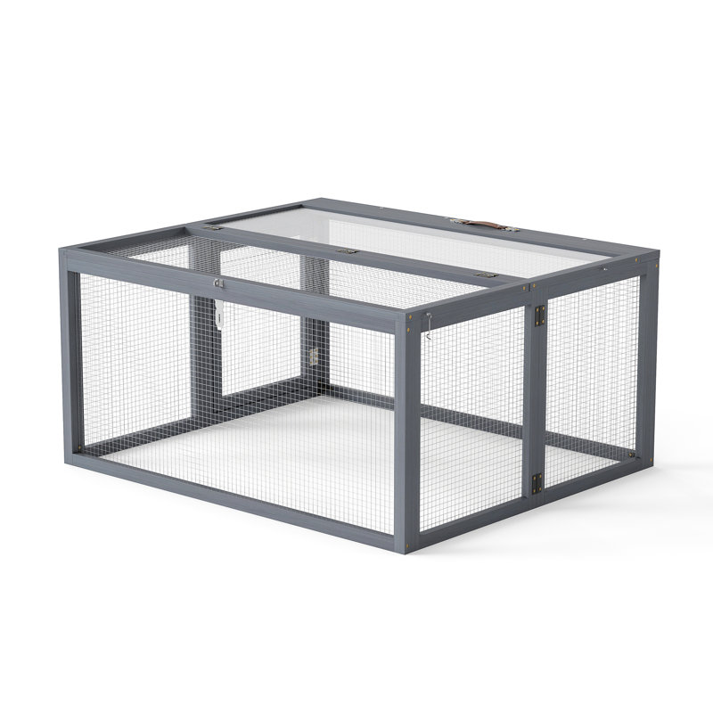 Lapin pliant avec portes verrouillables, finition grise, fait de sapin et de grillage galvanisé, spacieux pour la détente des lapins, stabilité des piquets de sol, déplié L 43,3 po x l 37 po H 21,3 po, plié l 21,3 po H 5,3 po