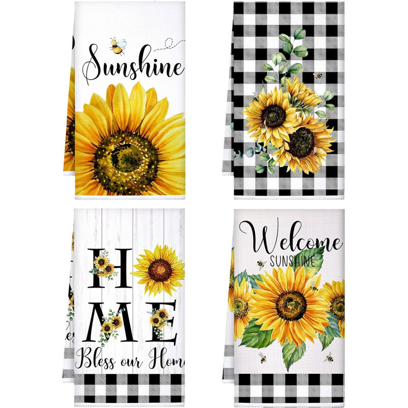 4 essuie-tout tournesol fleur de printemps été floral mer plage citron essuie-mains cuisine séchage rapide décor pour la cuisson (jaune, tournesol)