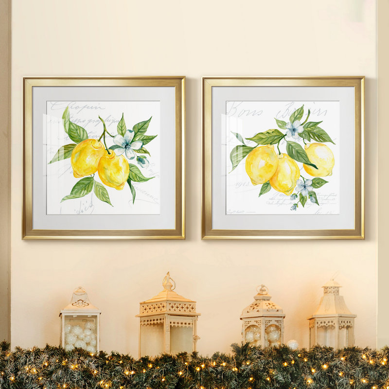 Lemon Squeeze I - ensemble de 2 reproductions d'art, H 17,5 po x l 35 po x P 1,5 po, Papier encadré doré, Blanc