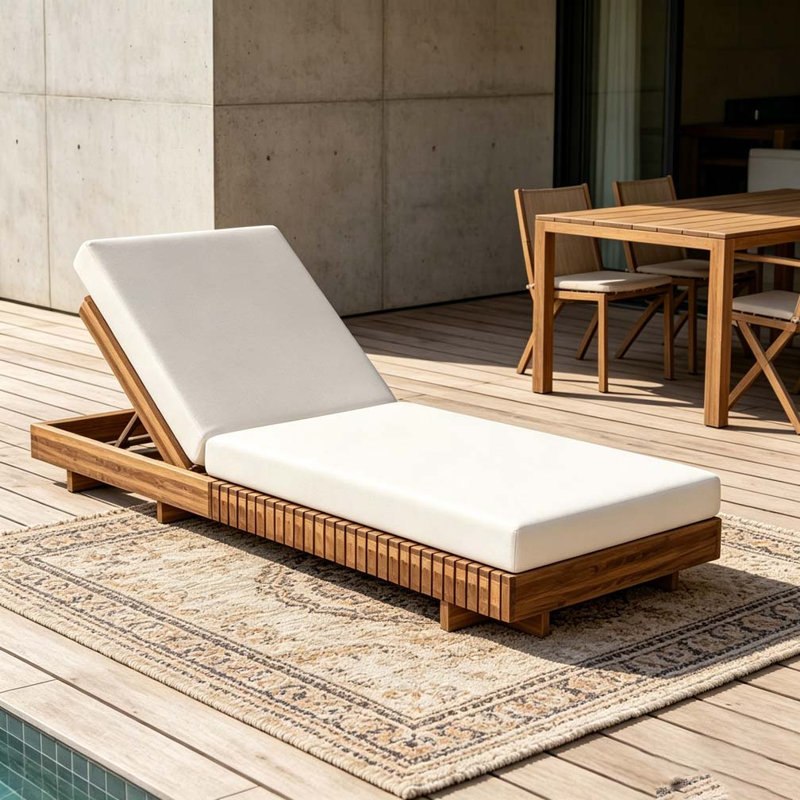 Solid Wood Lounge Chaise, Teak+Cream