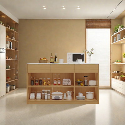 Kitchen Island with Sintered Stone Top, Solid Wood Frame, Drawer and Open Storage