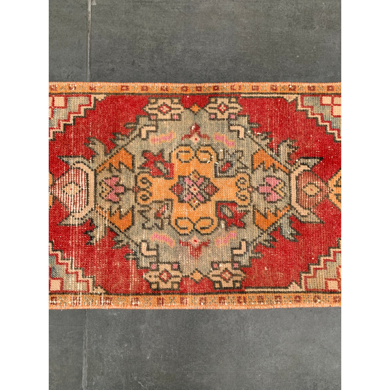 Authentic Wool Rug, 17.7x37 Inch Red Patchwork Rug