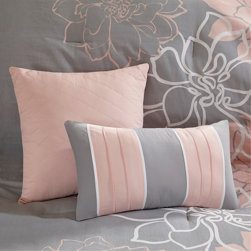 Ensemble d'édredon en satin de coton imprimé, Édredon simple et 5 pièces supplémentaires, Gris / pêche