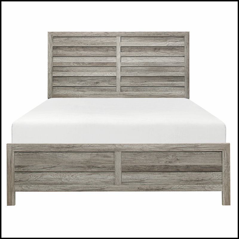 Lit en bois gris patiné avec tête de lit, pied de lit et rails pour un charme rustique et une durabilité accrue