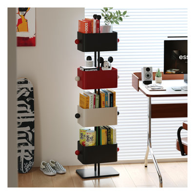 Modern Metal Cube Bookshelf in Black & Red, 4-Tier Vertical Storage Tower for Home Office or Bedroom