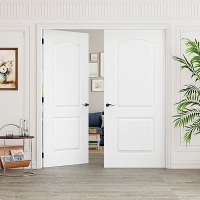 Interior 2-Panel Molded Solid Door, CARB P2 Certified MDF Double French Doors, Matte Black Hardware-Privacy Door Lever with Lock, Latch & Hinges, Pre‑Finished & Waterproof, for Pantry, Bedroom, Bathroom & Closet, Easy DIY Stain, 72"x 80"