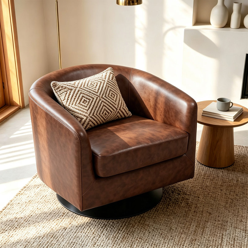 Fauteuil demi-tonneau pivotant en similicuir avec base en bois massif Applewold, Café