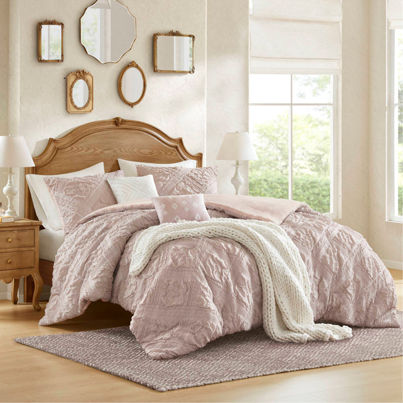 Ensemble d'édredon en jacquard sculpté 5 pièces pour lit double / grand 5 pièces, rose