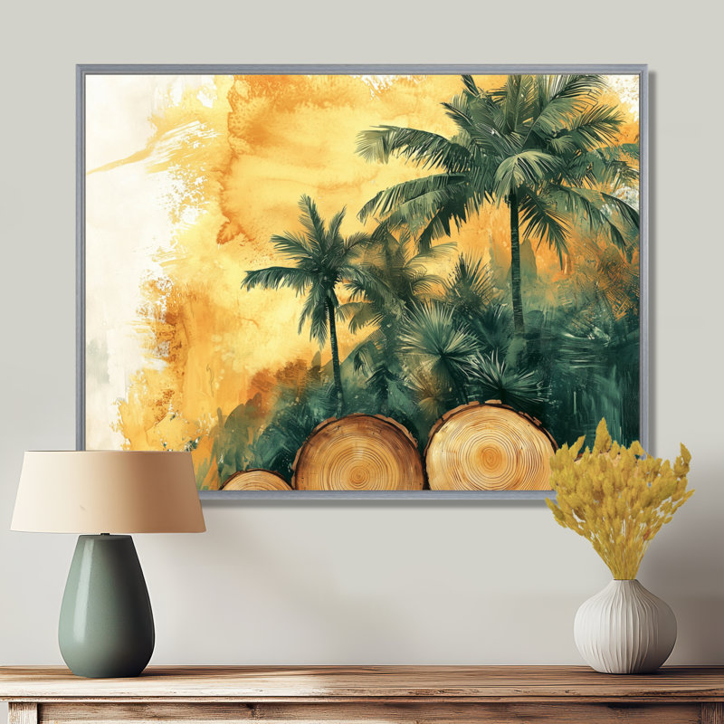 «Condace Emerald Palm Trees On Golden Tropical Forest I», art mural sur palmiers et palmiers, Argent argent, Floater Framed