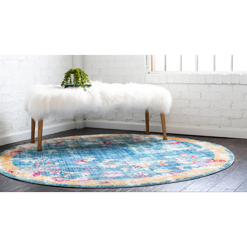 Tapis décoratif bleu oriental Glenys, Rond 6 pi 1 po