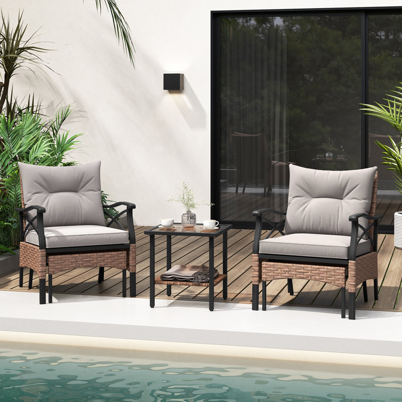 5 Piece Patio Furniture Set Outdoor Rattan Armchairs W/ Coffee Table & 2 Ottomans
