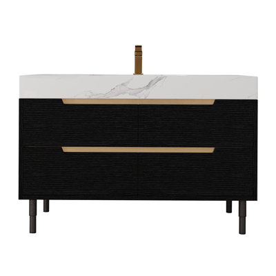 Meuble-lavabo moderne de 35,4 po avec lavabo sous comptoir, plateau, bois massif multi-couches imperméable, rangement à 4 tiroirs, autoportant