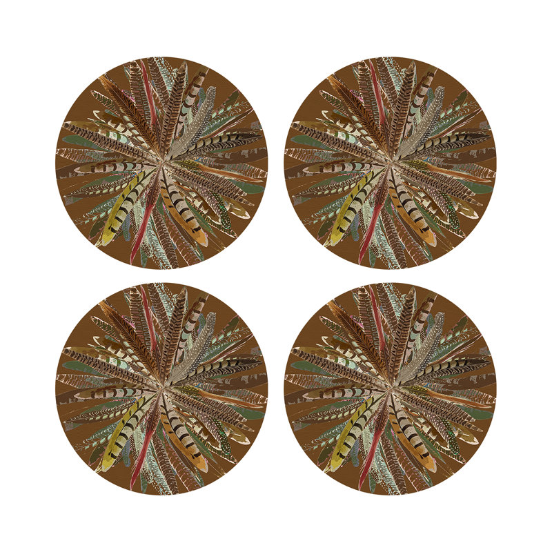 Pheasant Feathers Brown Vegan Leather Round Coasters, Brown
