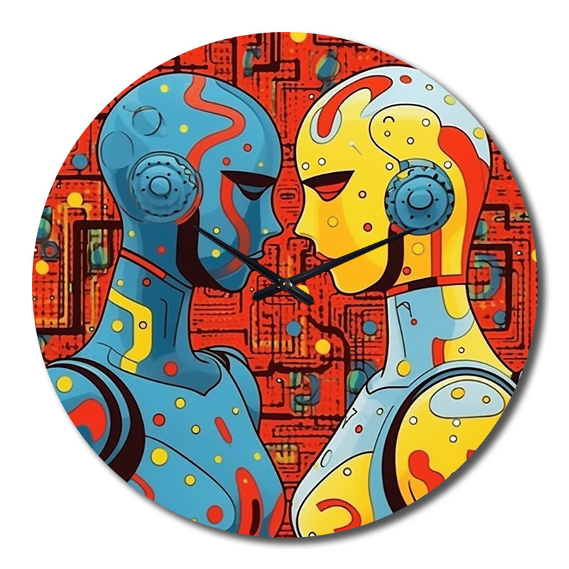 Horloge murale en métal Retro Robot Couple In Love I, Très grand