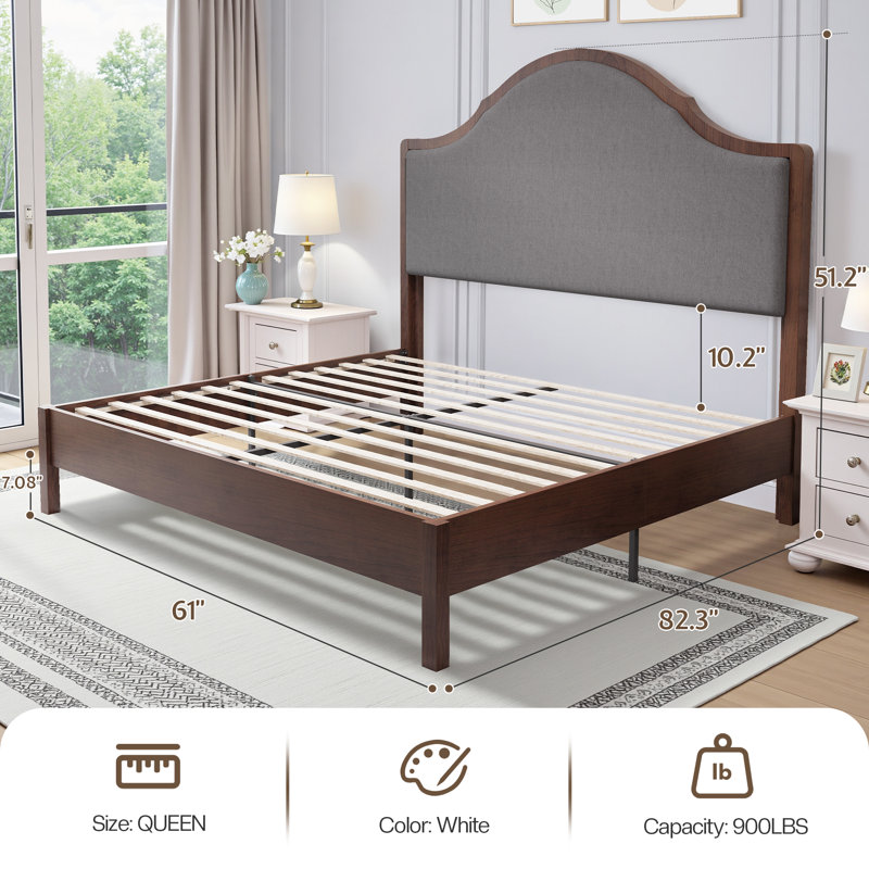 Solid Wood Bed Frame with Upholstered Headboard, Modern Design, No Box Spring Needed, Brown, Queen