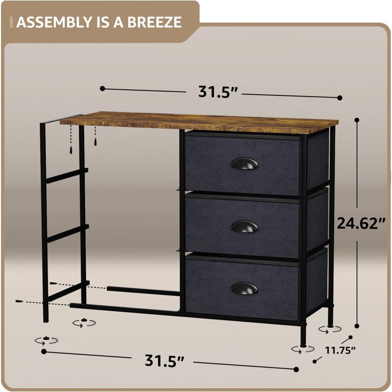  Commode 6 tiroirs Sorbus avec structure en acier, plateau en bois, bacs en tissu noir et plateau en bois