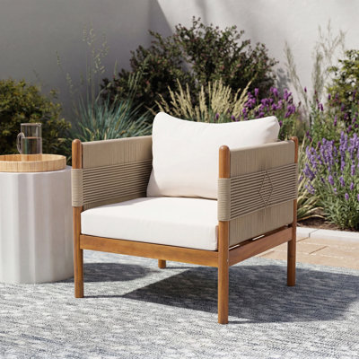 Outdoor Acacia Wood Club Chair with Diamond Rope Weave & Cushions, Teak Finish