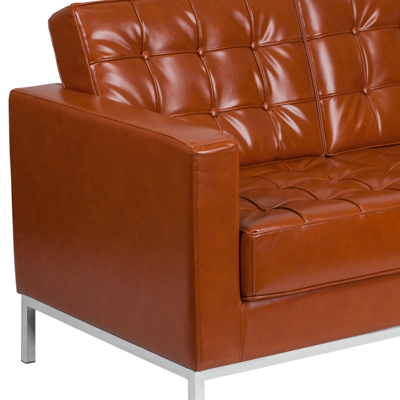 Amjed Contemporary Button Tufted Leather Loveseat w/ Steel Frame, Cognac
