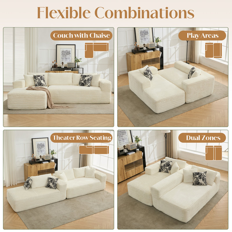Canapé modulaire à compression en L 108 po pour appartement, tissu modulaire en velours côtelé avec assise profonde et sans assemblage (beige)