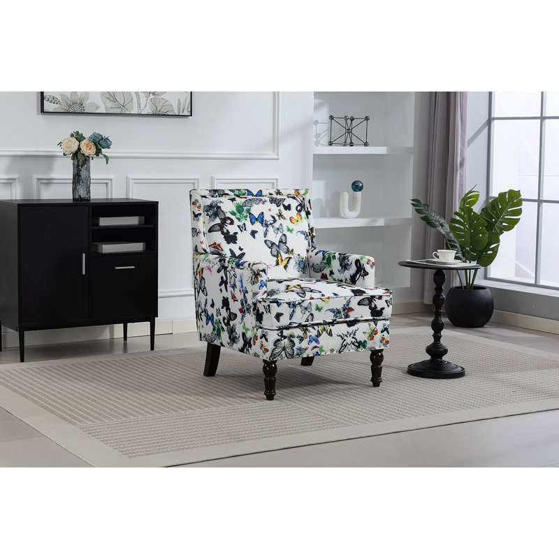Chaise d'appoint rembourrée, fauteuil vintage avec tissu en lin papillon et garniture cloutée pour le salon