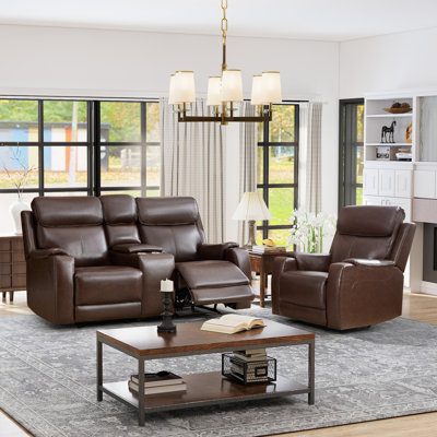 2-Piece Classic Top Genuine Leather Power Reclining Living Room Set: Recliner + Loveseat With Adjustable Headrest, Console & USB Port