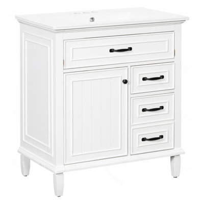 30 Inch Bathroom Vanity with Ceramic Sink Top, Solid Wood Frame, MDF & Pine Cabinet, Flip Drawers, Adjustable Shelf, and Zinc Alloy Handles, Freestanding Storage Cabinet (Faucet Not Included)