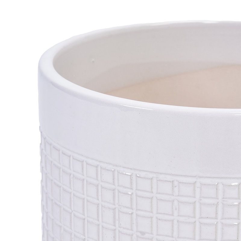 Of 3 Ancient White Glossy Grid Ceramic Flowerpots, All - Weather For Various Settings With Drainage Hole Piece Modern Planters Patio, Garden And Living Room Durability