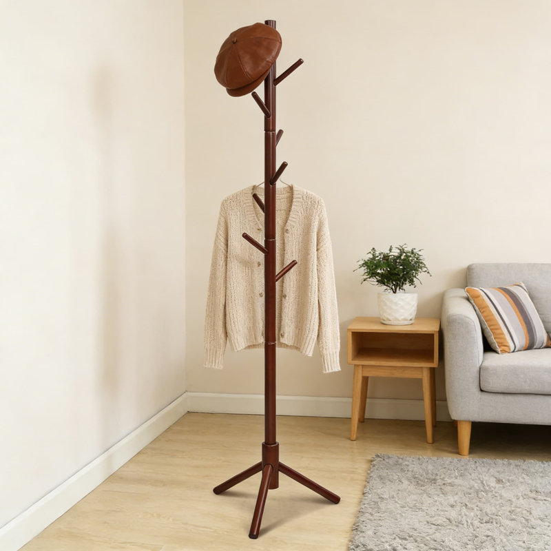 Freestanding Coat Rack With 8 Hooks, Adjustable Height Coat Tree For Entryway, Hallway, Home Or Office, Sturdy Rubber Wood Construction With Stable Tripod Base