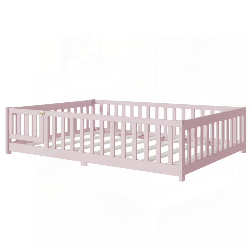 Lit de sol en bois d'hévéa polyvalent avec caractéristiques de sécurité et conception compacte, Double, Rose