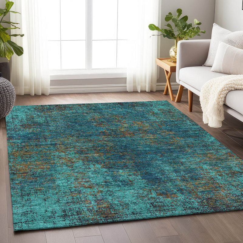 Tapis bleu sarcelle lavable à la machine de qualité supérieure Prisco, Rectangle 2 pi 6 po x 3 pi 10 po