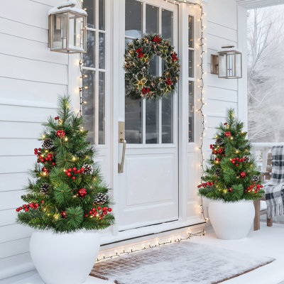 30 in Pre-Lit Artificial Christmas Urn Fillers with Berries and Pinecones, Set of 2