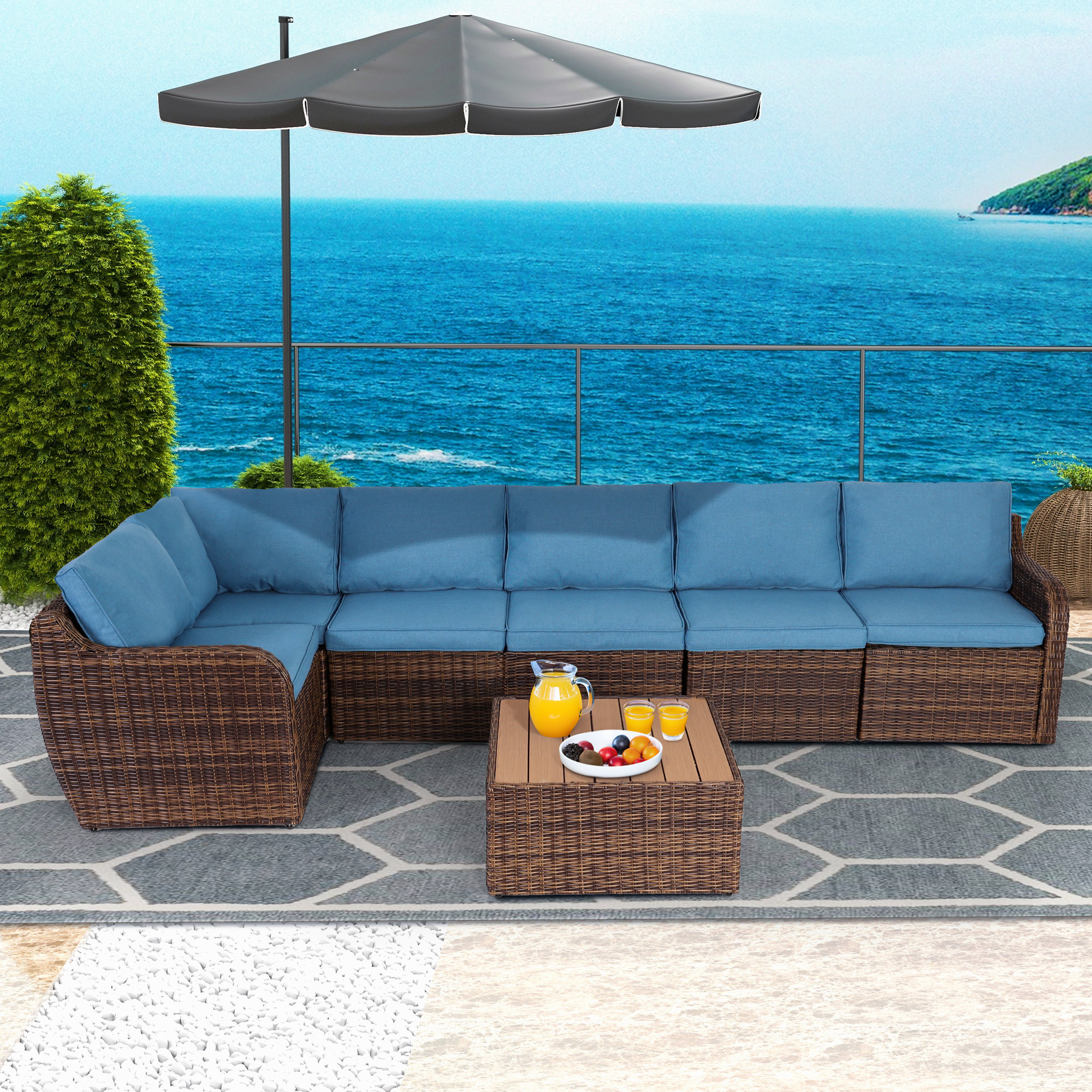 Leisure 7 Piece Rattan Sectional Seating Group with Cushions Latitude Run Cushion Color: Light Blue