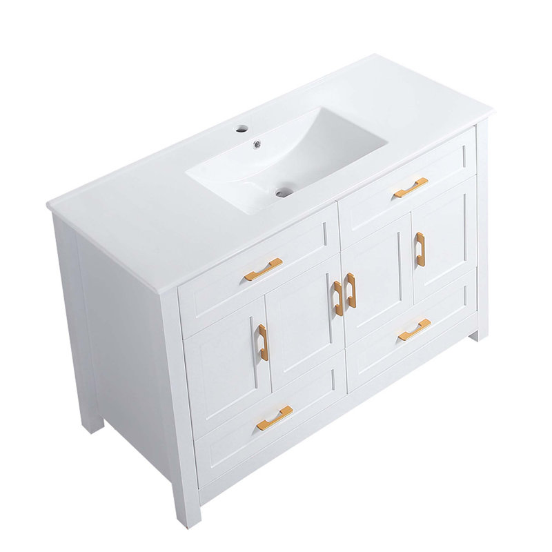 Ensemble de meuble-lavabo avec lavabo en céramique, armoire de rangement abondante - 4 portes à fermeture douce et 4 tiroirs