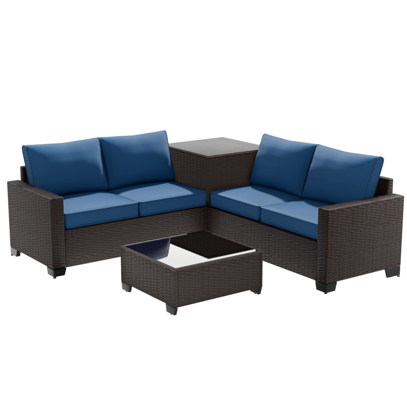 Causeuse 4 pièces en osier avec grande boîte de rangement et table intégrée en verre 4 pièces, Bleu paon, Brun