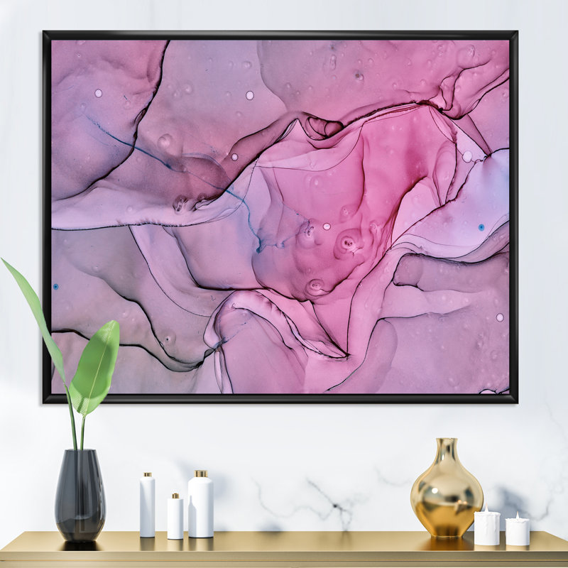 Paysage de marbre rose et mauve - peinture sur toile, H 34 po x l 44 po x P 1,5 po, Cadre flottant noir