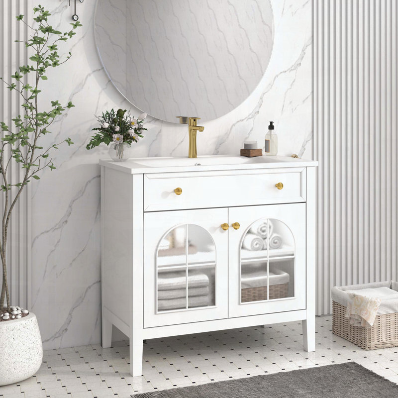 Mid-Century Bathroom Vanity with Motion-Sensor Light & Patterned Glass