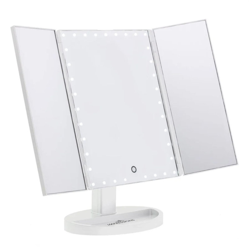 Touch Trifold XL Dimmable LED Makeup Mirror with Standing Base Vanity Dressing Mirror with USB Cable, White