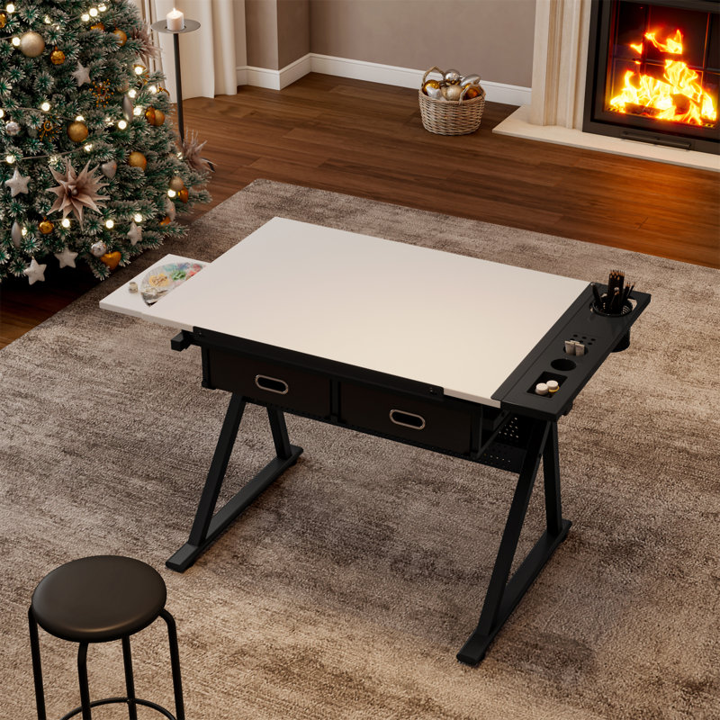 Bureau de dessin réglable avec 2 tiroirs pour bureau à domicile et école avec tabouret, Blanc
