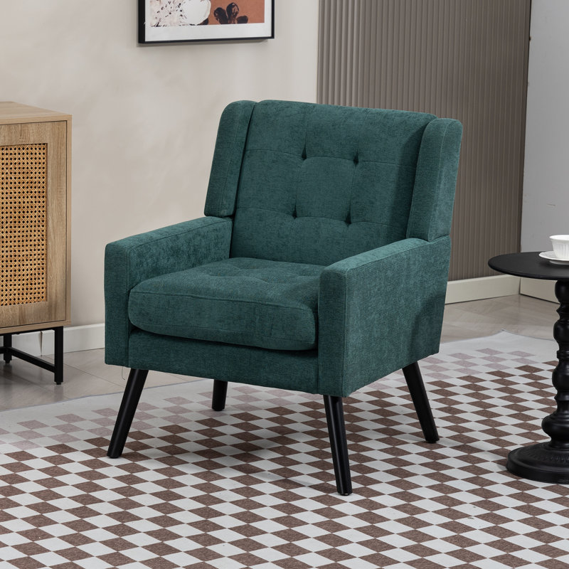 26.77" Mid-Century Modern Accent Chair With Linen Upholstery, Tufted Back And Black Solid Wood Legs(Set Of 2), Dark Green