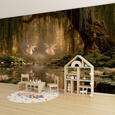Fairy  Peel and Stick Wallpaper Magical Willow Tree Dancing Ethereal Fairies Wall Murals 69"H x 96"W Removable PVC Wall Paper Self-Adhesive Wall Decor for Bedroom Living Room Home Office