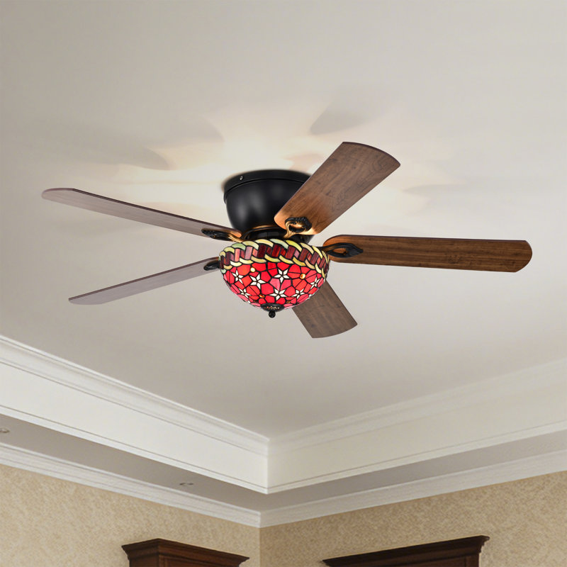 Chergo 52-Inch Flushmount Lighted Ceiling Fan Red Flower Tiffany Glass Lamp Black Finish